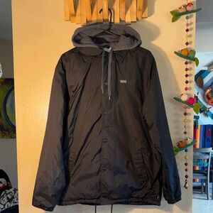 EUC Vans Riley Hooded Coaches Jacket, featuring a black water-resistant nylon